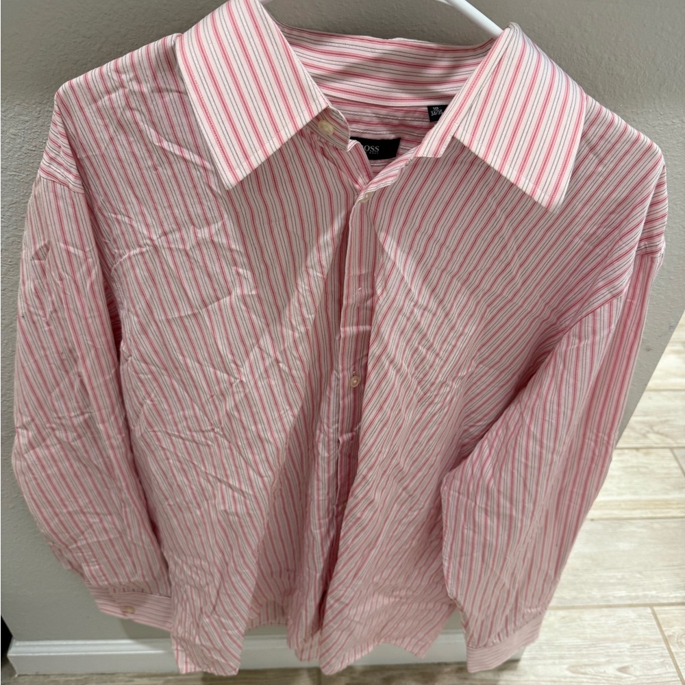 Boss Men's Pink and White Striped Shirt
